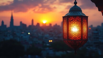 Sunset City Glow Enhanced by Warm Lantern Illumination