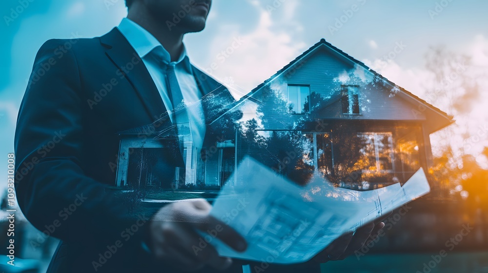 Poster business professional analyzing architectural plans with a double exposure effect of a house in the 