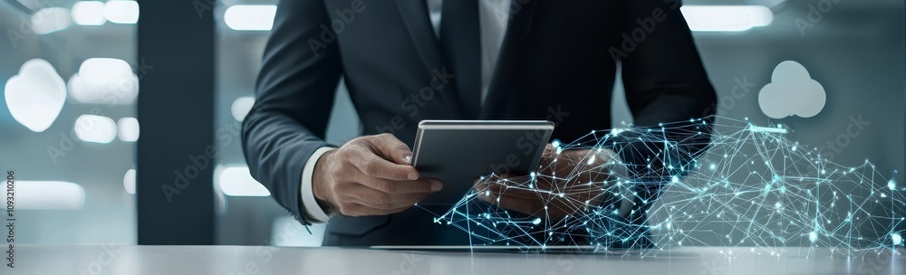 Poster Businessman uses laptop and syncs business data on computer device with global network, Data exchange, Information transfer, data science analytics and internet technology.