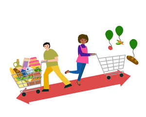 Cross subsidization. Man and woman shopping, products. Vector simple color flat illustration.