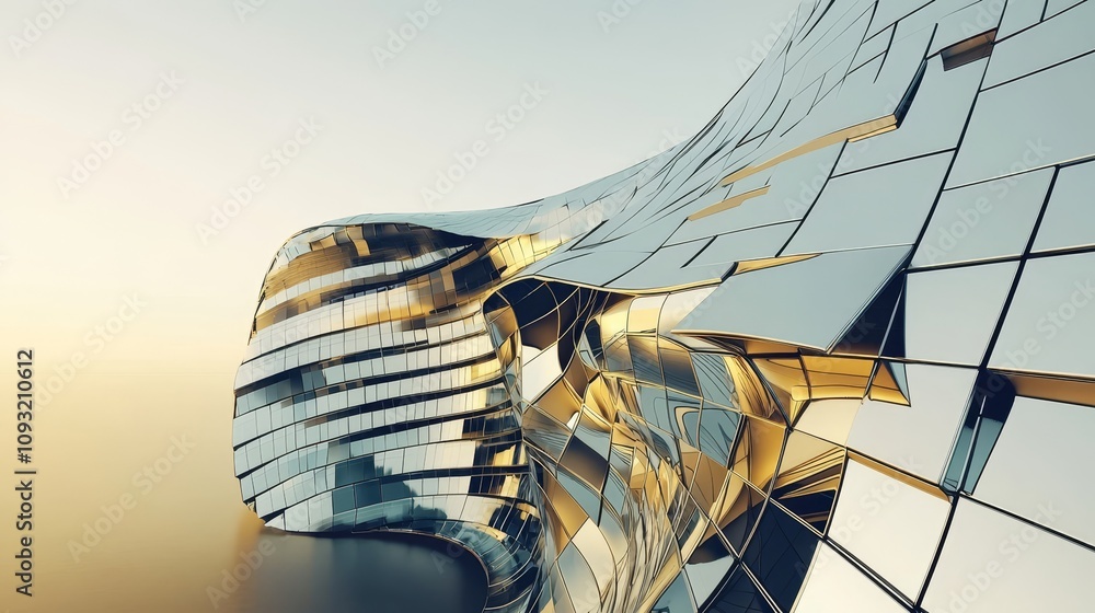 Poster an angle view of futuristic architecture, a skyscraper with curved glass windows,