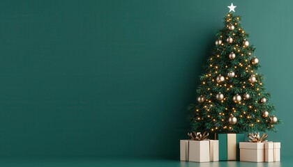 Christmas tree with glowing ornaments, presents underneath, 3D illustration