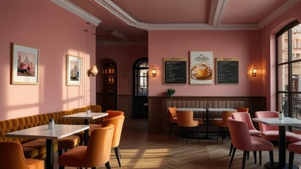 Fototapeta premium Here's a caption and keywords for your stock photo.. Sunlit pink cafe interior with velvet chairs, marble tables, and menu boards.