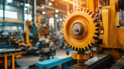 A close-up of a yellow gear in a manufacturing facility, showcasing machinery and industrial equipment in the background.