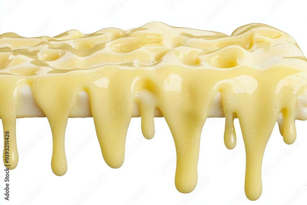 Poster cheese slice with liquid swirl, isolated on background, dripping and melting sauce splashing.