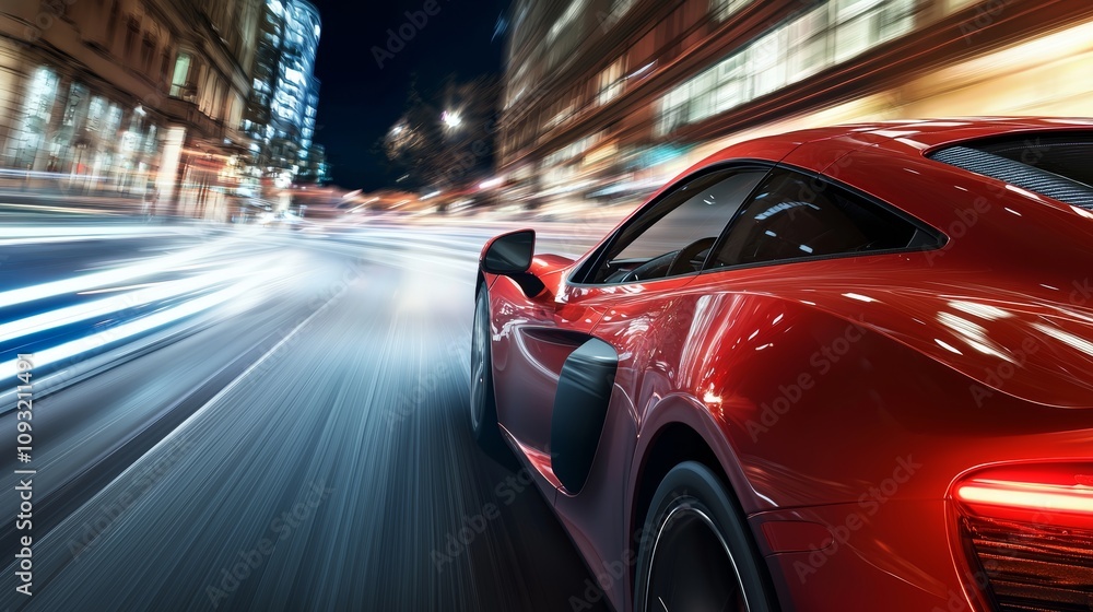 Poster Futuristic car with fast acceleration and speed in a neon mega city. High acceleration car on a tack with glowing light trails.