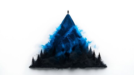 Obraz premium Silhouette of a Person Standing on a Mountain Peak Surrounded by Dramatic Blue and Black Swirling Smoke in a Dreamlike Landscape