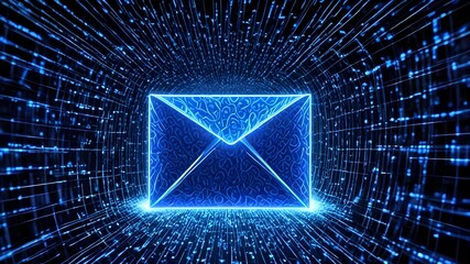 Blue Mail Icon with Streams of Digital Data in a Virtual World