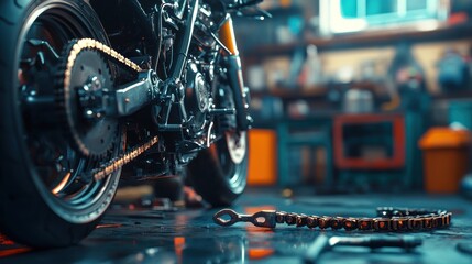 Custom Motorcycle in a Workshop: Detailed Rear View