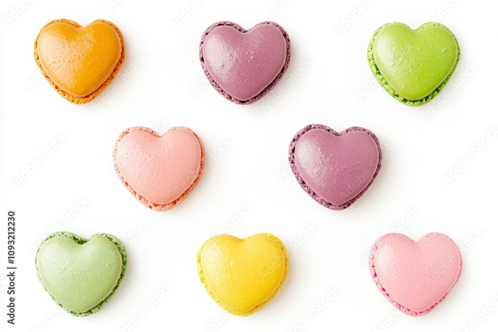 Poster Macaroons floating in the air in the shape of a heart isolated on a white background, concept of macaroon desserts and sweet cakes.