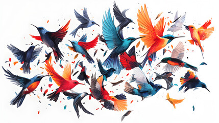 Vibrant Hummingbird Flock, Colorful Birds, Artistic Painting, Avian Flight, Nature Illustration