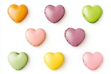 Obraz premium Macaroons floating in the air in the shape of a heart isolated on a white background, concept of macaroon desserts and sweet cakes.