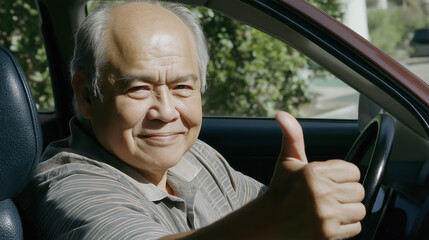 A cheerful elderly man sitting in the driver's seat of a car, smiling warmly and giving a thumbs-up gesture through the window.