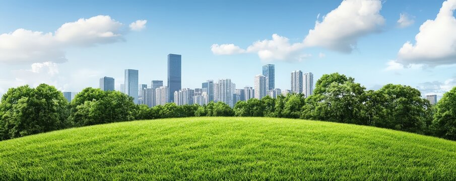 Fototapeta Vibrant green field with a city skyline under a clear blue sky.