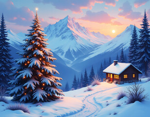 Fototapeta premium Snowy mountain, decorated Christmas tree, house with lights, winter sun.