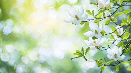 An image of a white magnolia flower branch on a green nature spring background