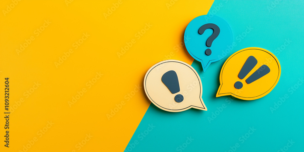 Poster a combination of question marks and exclamation marks in speech bubbles over a yellow and blue divid