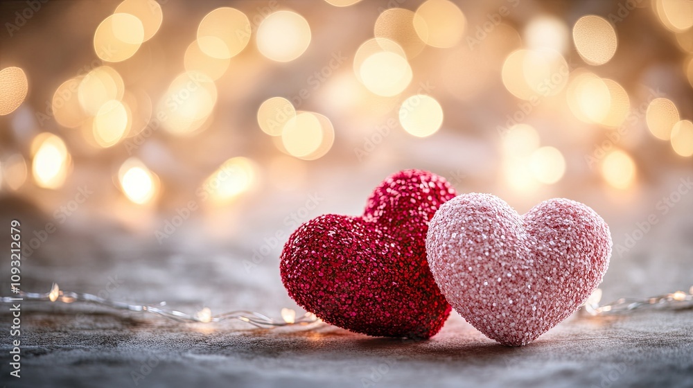 Poster soft pink and red hearts floating on a valentine's day background with gentle bokeh lights.