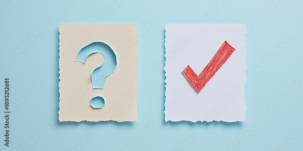 Aufkleber a torn paper question mark and a red check mark on a blue background, symbolizing uncertainty and de