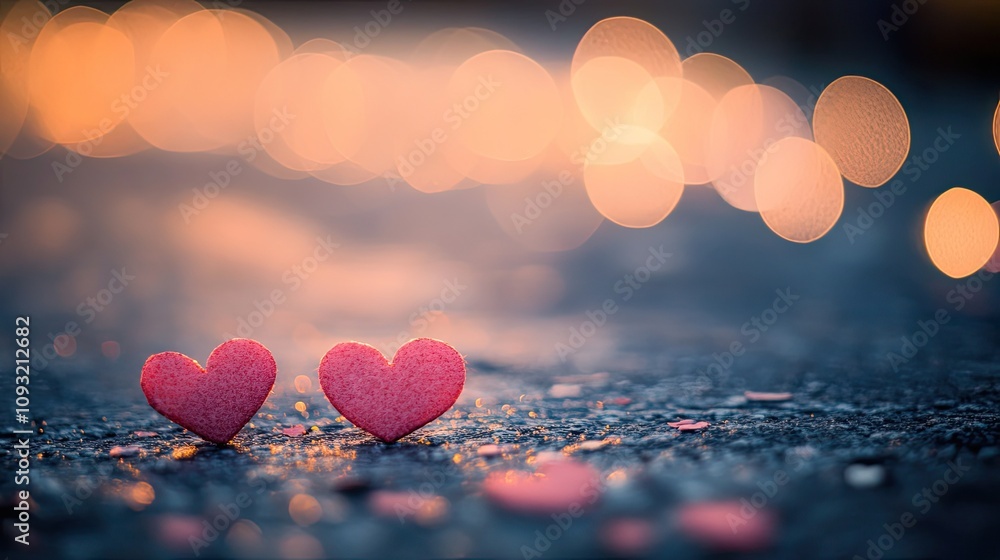 Poster soft pink and red hearts floating on a valentine's day background with gentle bokeh lights.