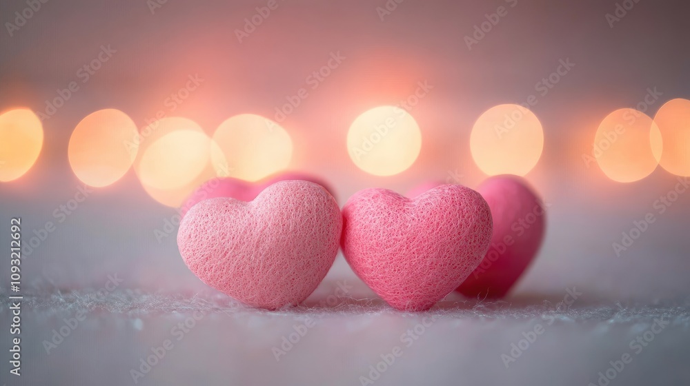 Poster soft pink and red hearts floating on a valentine's day background with gentle bokeh lights.