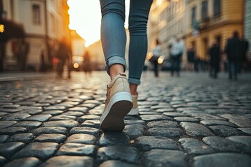 Back view of a young woman exploring a city close-up of shoes on cobblestone streets