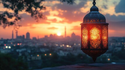 Twilight Atmosphere with Lantern Patterns and Skyline View