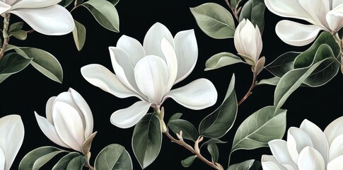 A design illustration wallpaper depicting magnolia flowers with green leaves on a black background