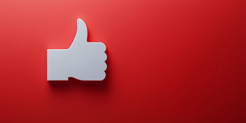 A minimalistic white thumbs-up symbol placed on a red background, representing approval, positivity, or social media interaction.
