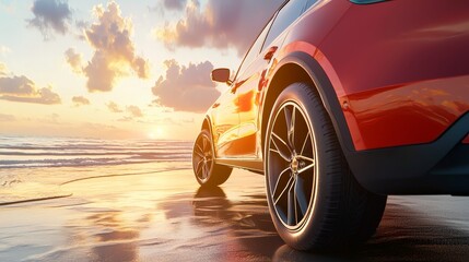 A luxurious SUV parked on the beach under a beautiful vibrant red sunset sky during a summer road trip vacation.