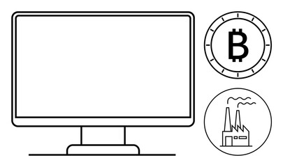 Computer monitor, Bitcoin symbol, and factory icon representing cryptocurrency mining, technology, and industry. Ideal for finance, blockchain, digital currency, tech industry, industrial revolution