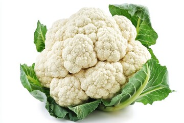 Cauliflower for making food isolated on white background. Fresh raw cauliflower head with leaves.