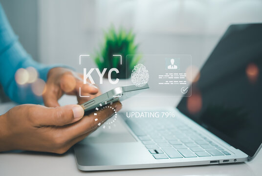Personal information for identification, Human engaging in KYC verification, Know your customer concept, Business verifying the identity of clients for KYC financial client authentication.