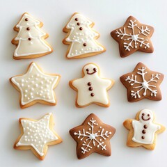 Christmas Cookies Shaped Like Stars, Trees, and Snowmen on White background