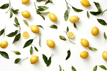Fresh citrus summer fruit lemonade made from lemons with half slices and green leaves isolated on white background.