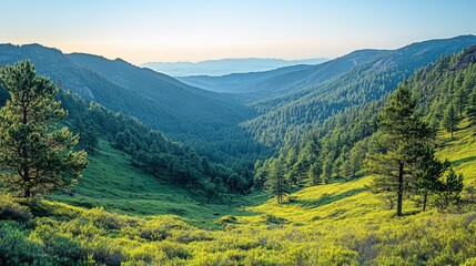 A serene valley landscape with lush greenery and distant mountains under a clear sky.
