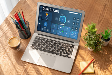 Fototapeta premium Smart home technology, centric remote control system with digital dashboard for air conditioning, safety security network or house automation. App software, ui panel programming IOT monitor snugly