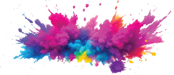 A vibrant explosion of multicolored powder creates a stunning, colorful cloud against a white background, capturing the energy and beauty of a Holi-inspired paint burst.