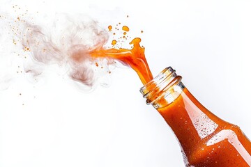 A glass bottle of dipping yellow sauce with splashes of chili hot sauce is isolated on a white background.
