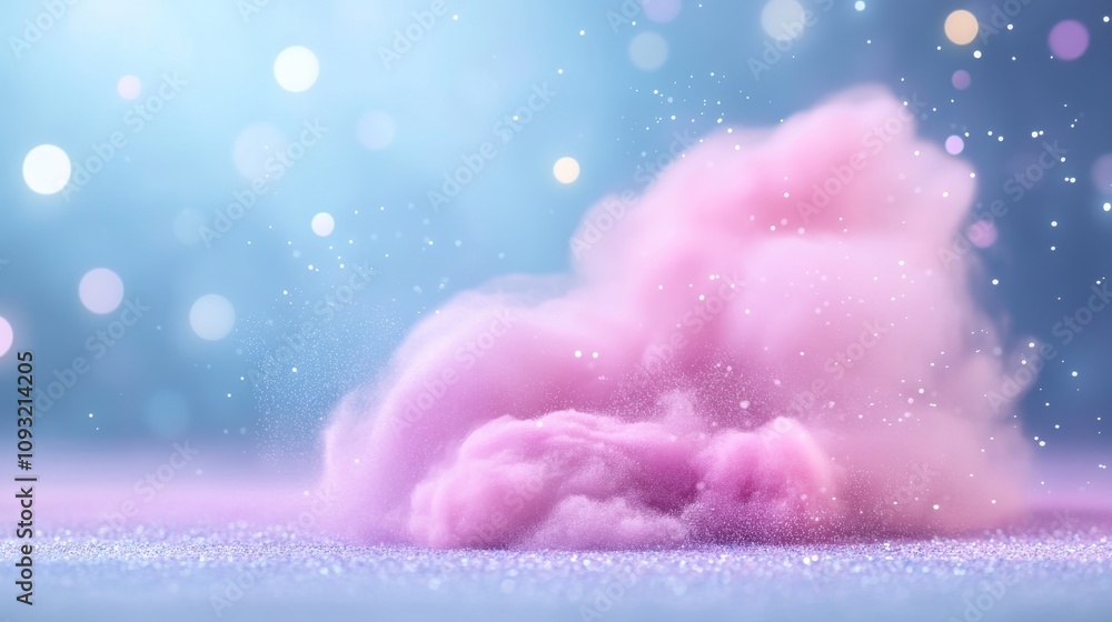 Poster soft pink smoke cloud rising with bokeh lights in the background, creating a dreamy and ethereal atm