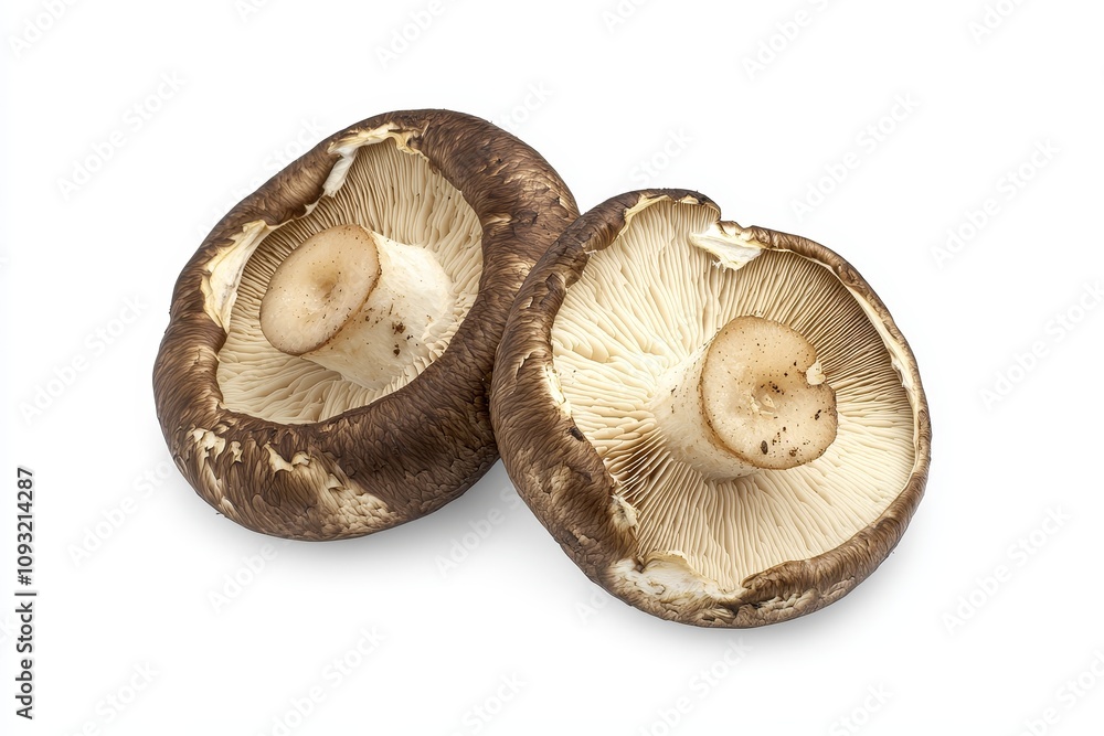 Poster On a background of Shiitake Mushrooms with half slices, fungi rich in nutrients and protein.