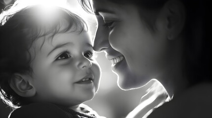 Fototapeta premium Mother and Baby Close-Up, Tender Moment, Black and White Portrait, Loving Embrace, Child and Parent