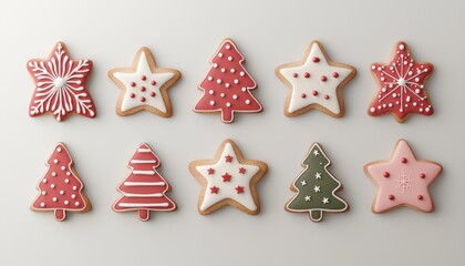 Christmas cookies shaped like stars and trees, decorated with icing, 3D illustration