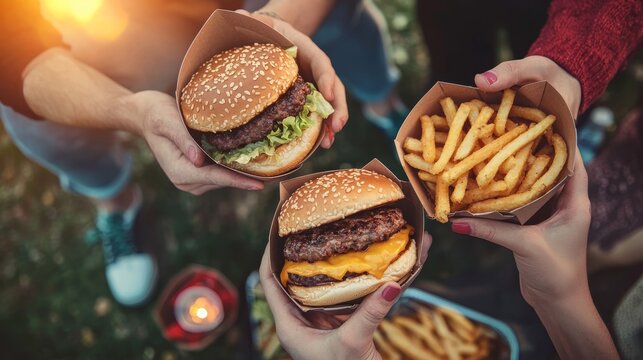 Friends eating burgers outdoors: a cropped shot of a group of fast food friends