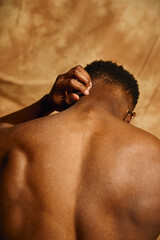 A young handsome African American man poses topless, showcasing the contours of his back. The soft...
