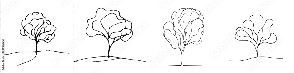 Poster a continuous line art drawing of an abstract tree, depicted in a minimalist black linear sketch, iso
