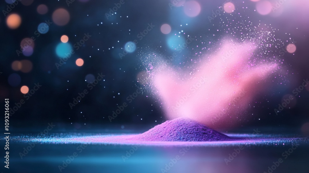 Poster colorful powder explosion creating abstract art with vibrant particles and soft bokeh background, hi