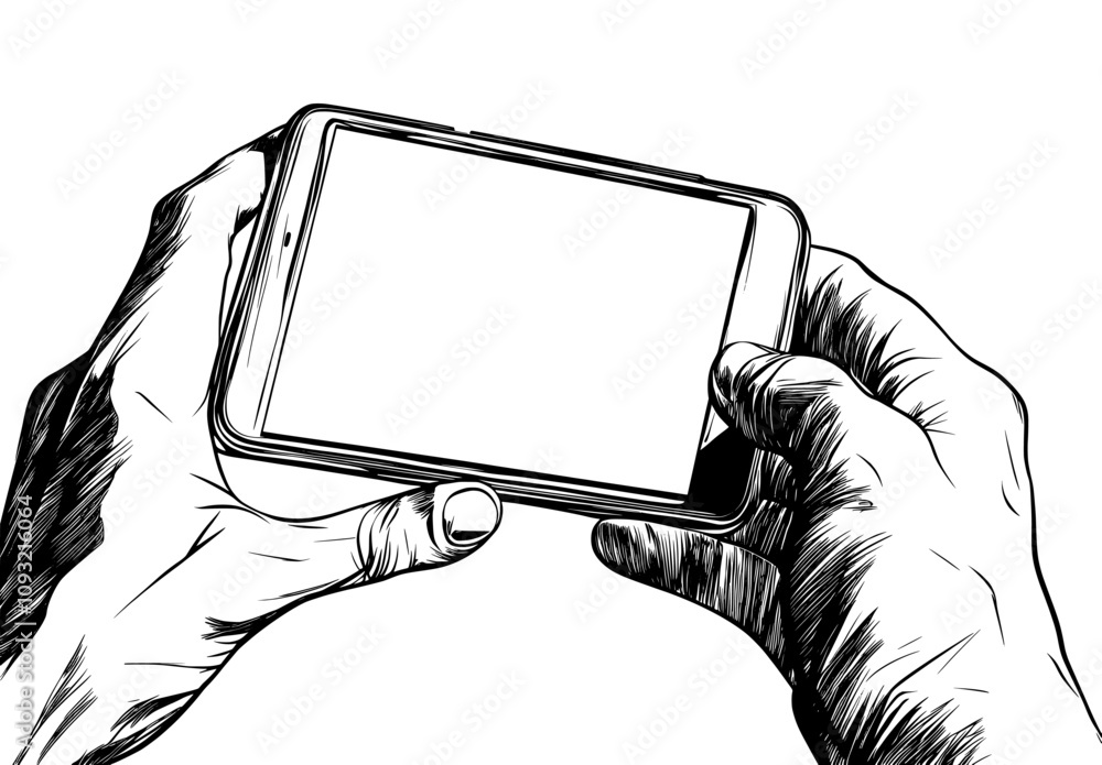 Poster a continuous line drawing of hands gesturing and interacting with a smartphone screen, depicting onl