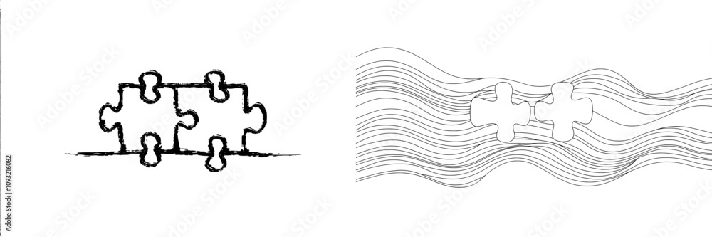 Poster two interlocking puzzle pieces forming a single continuous line. contemporary design element.