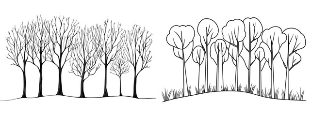 A single line drawing of a pine tree, depicting a basic forest in a contemporary illustration, with a minimalistic line doodle of trees.